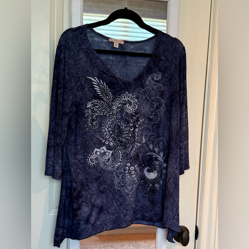 🌙 Navy Boho Embellished Tunic Top – Size 1X🌙